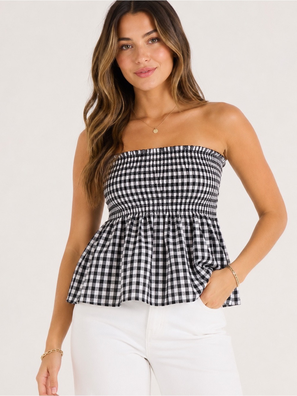 NWT The Impeccable Pig Black White Gingham Smocked Peplum Strapless Top S